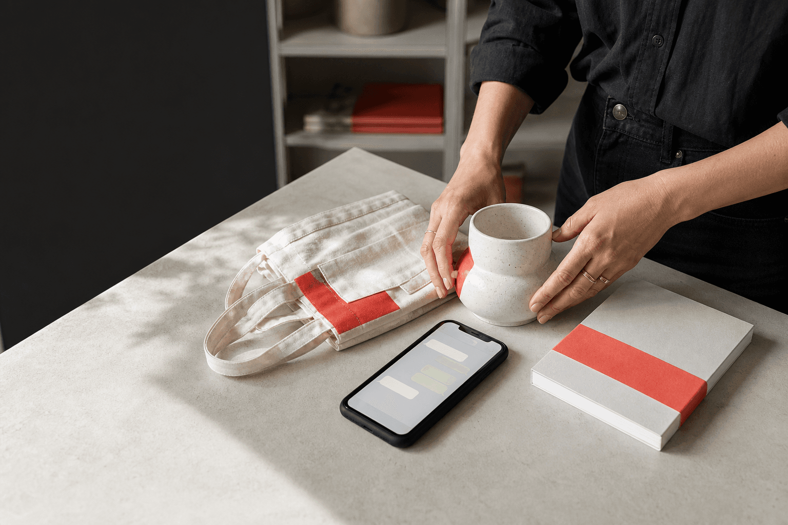 A shop owner preparing a customer order beside a phone